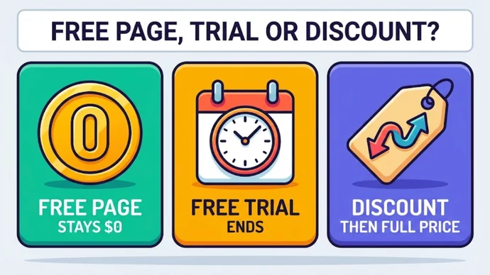 Infographic titled Free page, trial or discount: three cards reading Free page stays $0, Free trial ends and Discount then full price