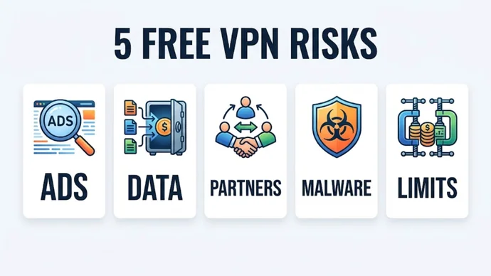 Infographic titled 5 free VPN risks: five cards reading Ads, Data, Partners, Malware and Limits with an icon on each