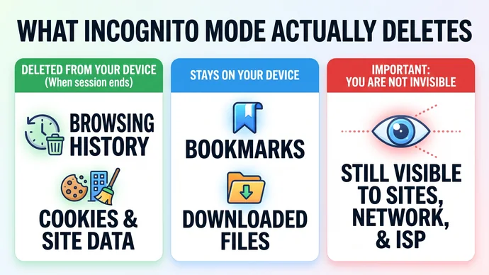 Infographic listing what private browsing deletes on your device, like history, cookies and form data, and what it keeps, like downloads and bookmarks
