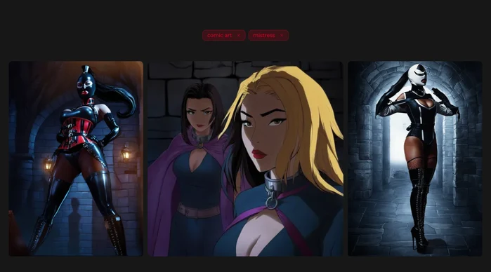 Kink AI gallery with the comic art and mistress filters: a latex domme in a red corset, two caped women in collars and a masked domme in thigh-high boots