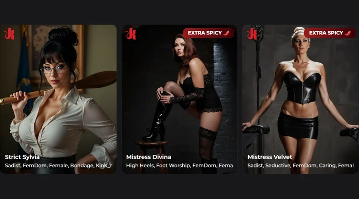 Three Kink AI character cards: Strict Sylvia with glasses and a wooden paddle, Mistress Divina in black lace and boots, Mistress Velvet in a leather corset