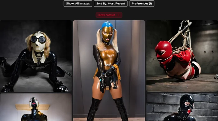 Kink AI image gallery filtered by latex catsuit: hooded figures in black, gold and red latex, one suspended in rope