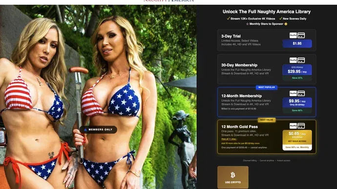 Naughty America join page: two blonde performers in American-flag bikinis beside four plan cards, the 3-day trial at $1.95, the 30-day membership at $29.95 a month, the 12-month membership at $9.95 a month and the 12-month Gold Pass at $0.65 a day