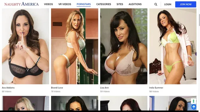 Naughty America Pornstars page: Ava Addams, Brandi Love, Lisa Ann and India Summer in lingerie, with their video counts, under the menu with Videos, VR Videos, Pornstars, Categories, Sites and Auditions