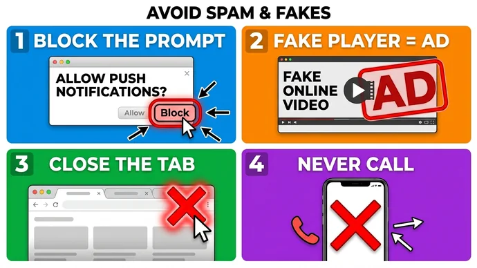 Infographic of four moves: block the notification prompt, treat a fake player as an ad, close the tab and never call a number