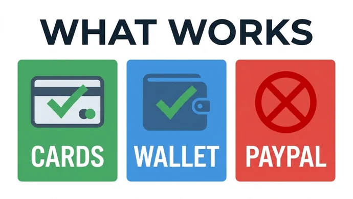 Infographic titled What works: three cards reading Cards, Wallet and PayPal with check and cross icons