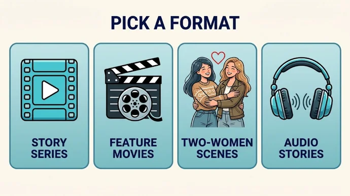 Infographic titled Pick a format: four cards labeled Story series, Feature movies, Two-women scenes and Audio stories
