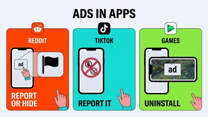 Infographic with three columns for Reddit, TikTok and games, each with a phone and one action: report or hide, report it, or uninstall