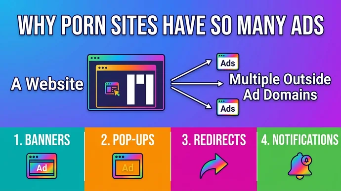 Infographic titled Why porn sites have so many ads: a website sending arrows to multiple outside ad domains, above four colored blocks for banners, pop-ups, redirects and notifications