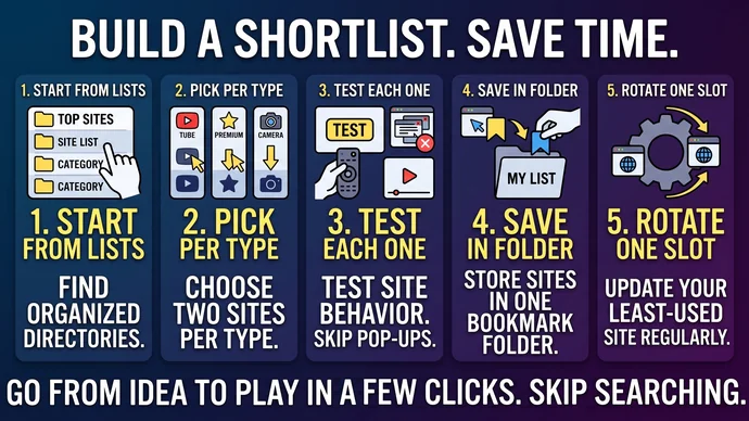 Infographic of five steps to build a porn site shortlist: start from lists, pick two per type, test each one, save in one folder, rotate one slot