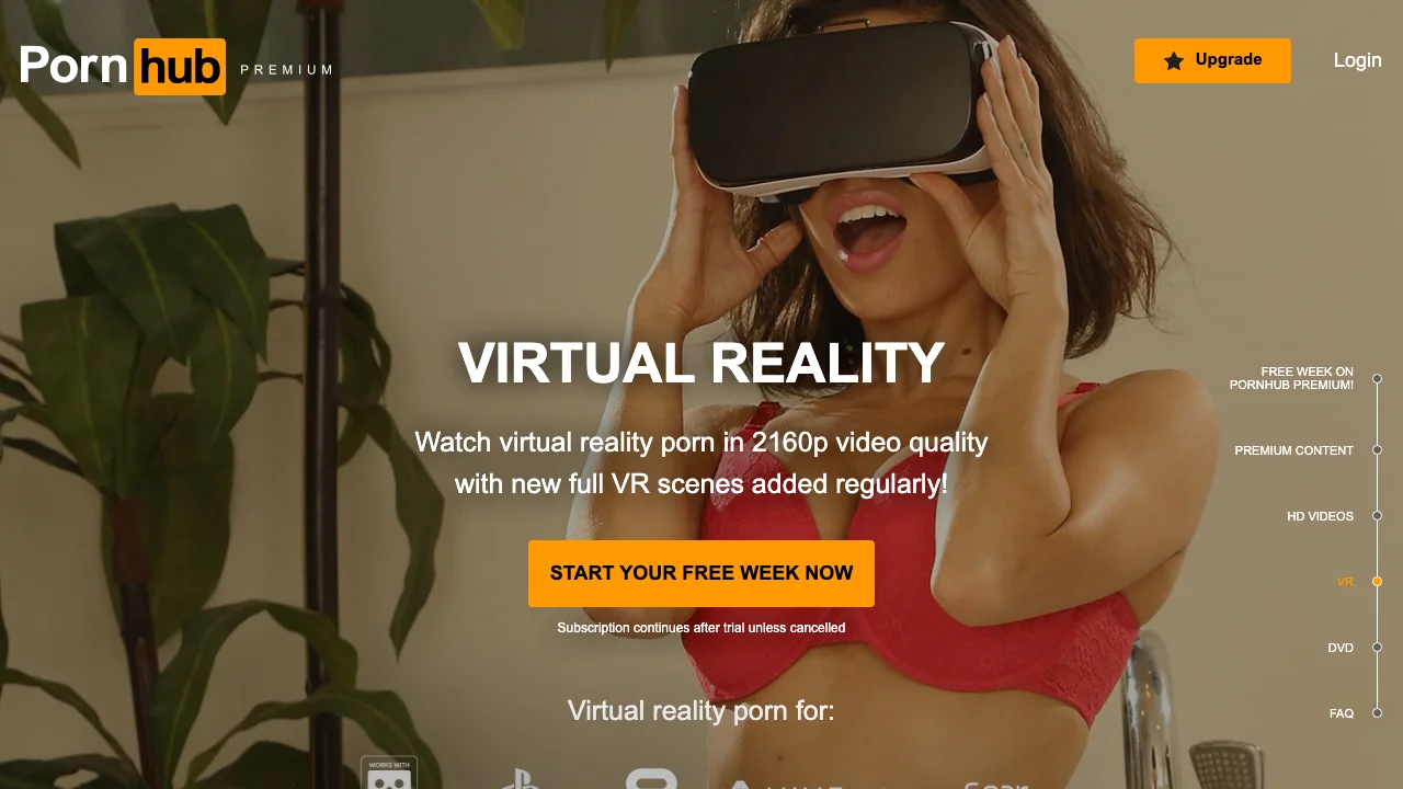 Pornhub Premium join page section on virtual reality, with a woman in a VR headset beside the line about VR scenes in 2160p video quality