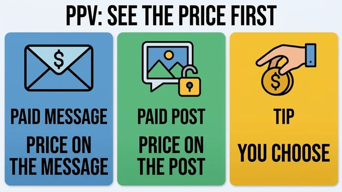 Infographic titled PPV: see the price first, with three cards: Paid message with the price on the message, Paid post with the price on the post, and Tip, where you choose the amount