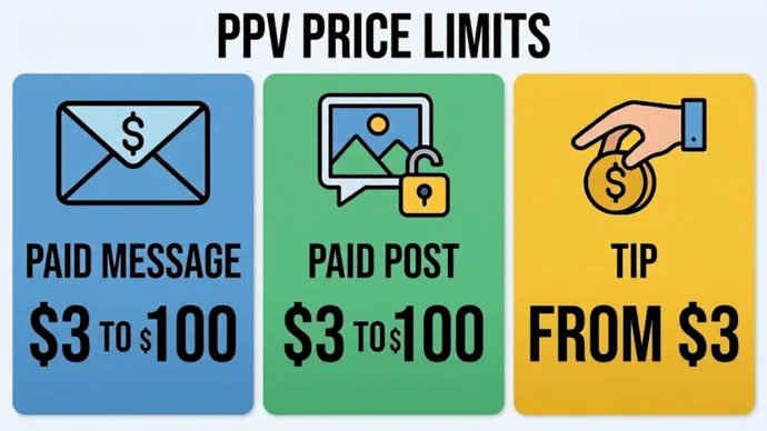 Infographic titled PPV price limits: a Paid message card and a Paid post card, each reading $3 to $100, and a Tip card reading From $3