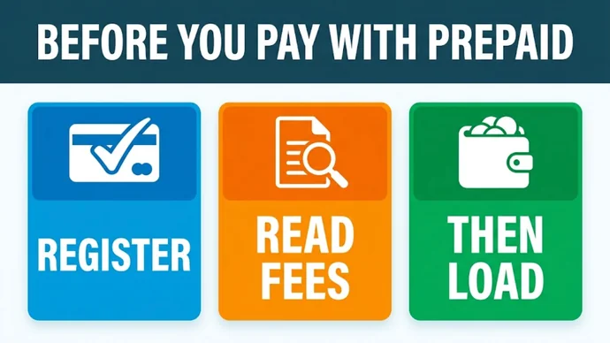 Infographic titled Before you pay with prepaid: three cards reading Register, Read fees and Try small