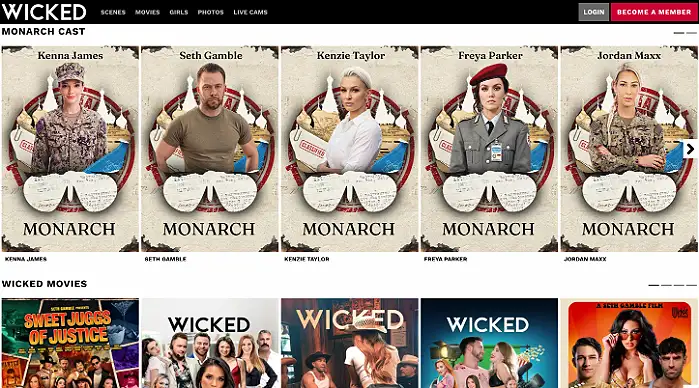 Wicked front page in a full-HD window: a wide movie poster with a row of four benefits underneath