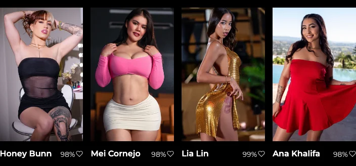 Reality Kings Girls page with four portraits of women in a black strapless dress, a pink top, a gold dress and a red dress, each with a name and a percentage