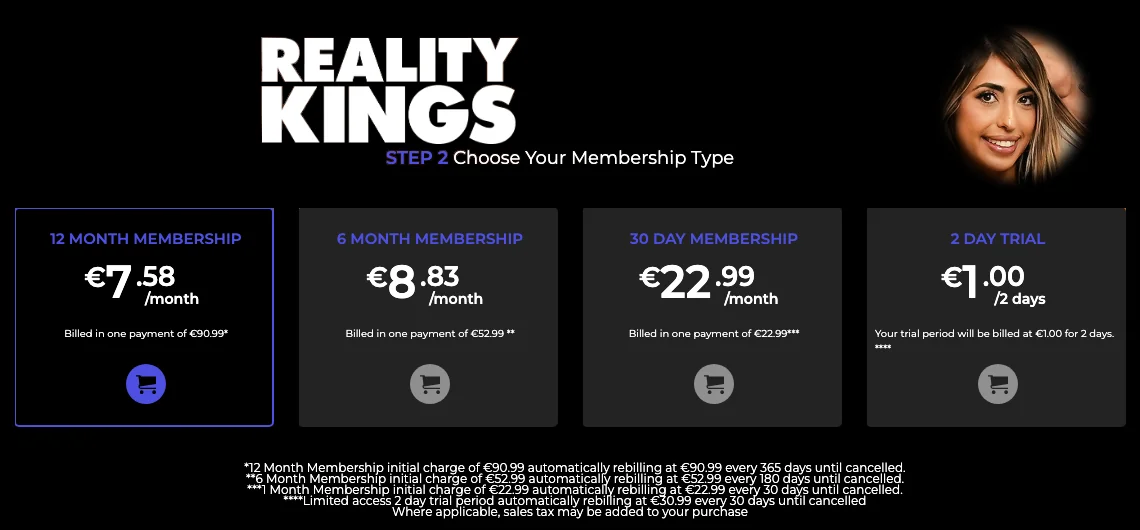 Reality Kings logo beside a smiling woman above four plan cards: a 12-month membership at 7.58 euros a month, a 6-month membership at 8.83 euros, a 30-day membership at 22.99 euros and a 2-day trial at 1.00 euro, with renewal footnotes underneath