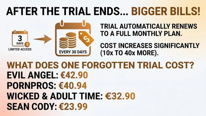 Infographic showing a 3-day limited-access trial turning into a monthly bill every 30 days, with what one forgotten trial costs at four sites