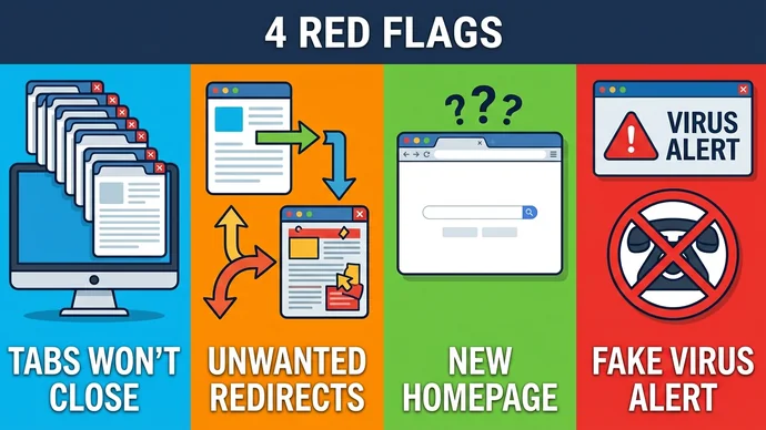 Infographic of four red flags: tabs that won't close, unwanted redirects, a new homepage and a fake virus alert with a crossed-out phone