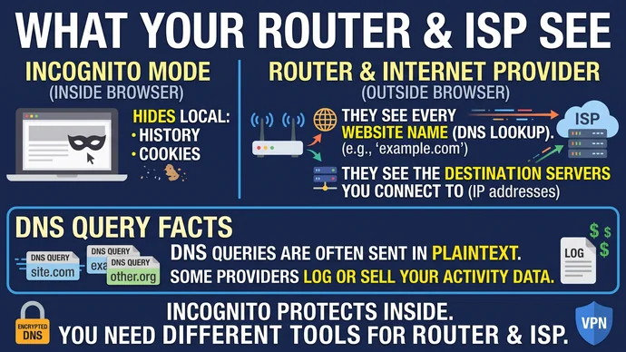 Infographic of a DNS lookup traveling from a laptop through a home router to the internet provider before reaching a website