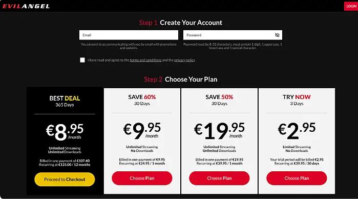 Premium porn site join page with plan cards, each showing the amount billed now and the price it renews at