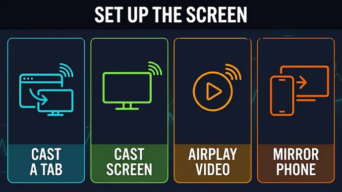 Infographic titled Set up the screen: four cards labeled Cast a tab, Cast screen, Airplay video and Mirror phone, each with a screen or phone icon