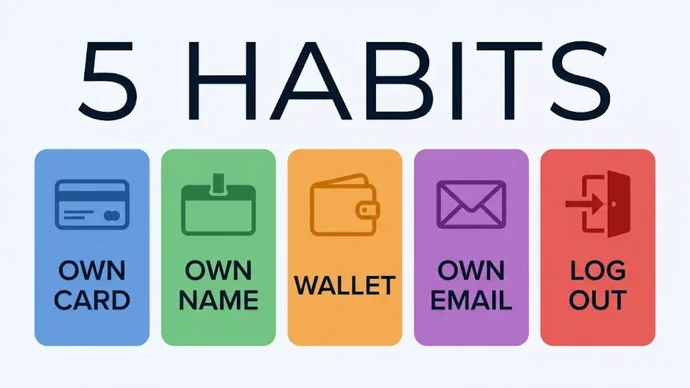 Infographic titled 5 habits: five cards reading Own card, Own name, Wallet, Own email and Log out