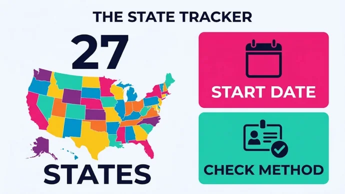 Infographic titled The state tracker: a colorful map of the United States with the number 27 and two cards reading Start date and Check method