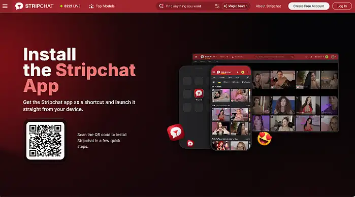 Stripchat app page header reading Install the Stripchat App, with a QR code to scan
