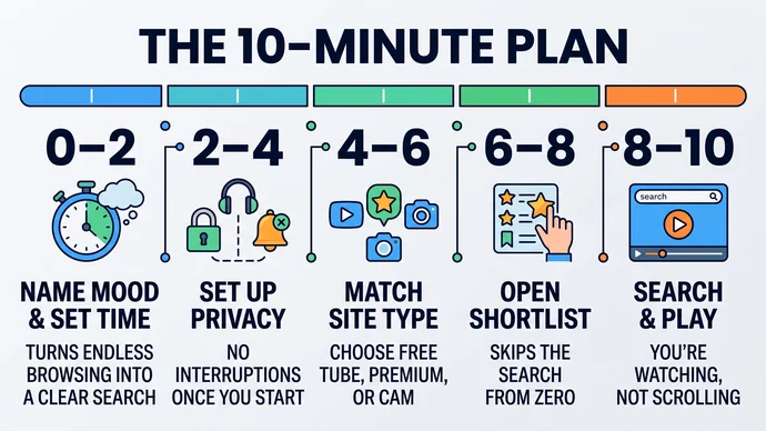 Infographic timeline of the 10-minute porn plan: mood, privacy, site type, shortlist, play