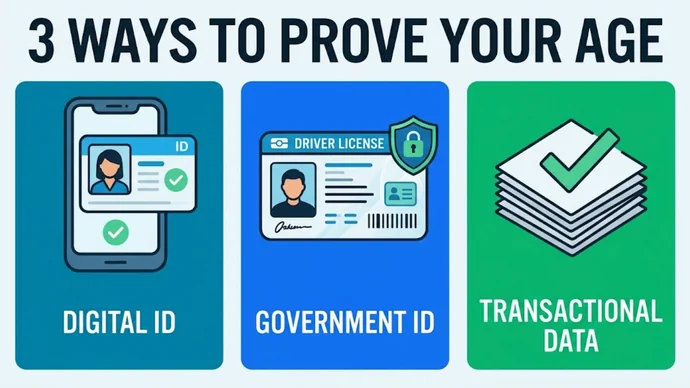 Infographic titled 3 ways to prove your age: digital identification, government-issued ID and transactional data, each with one question to ask