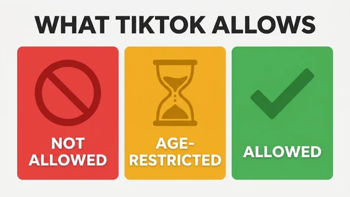 Infographic titled What TikTok allows: three cards reading Not allowed, Age-restricted and Allowed