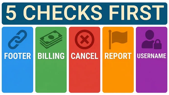 Infographic titled 5 checks first: five cards reading Footer, Billing, Cancel, Report and Username
