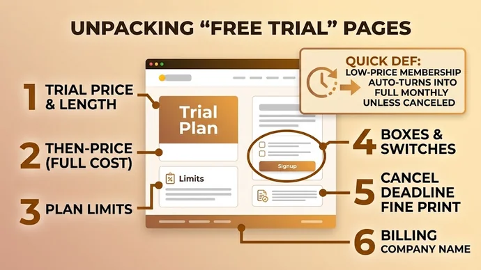 Infographic of a porn trial page marked with six parts: trial price and length, the then price, plan limits, boxes and switches, the cancel deadline in the fine print and the billing company name