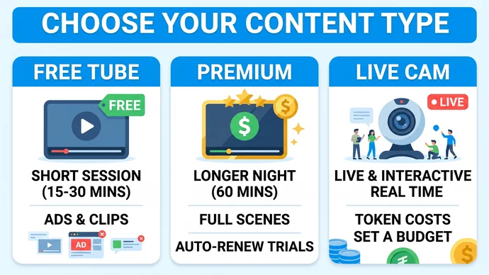 Infographic comparing free tube, premium and live cam porn sites: session length, ads, full scenes, auto-renew trials and token budget