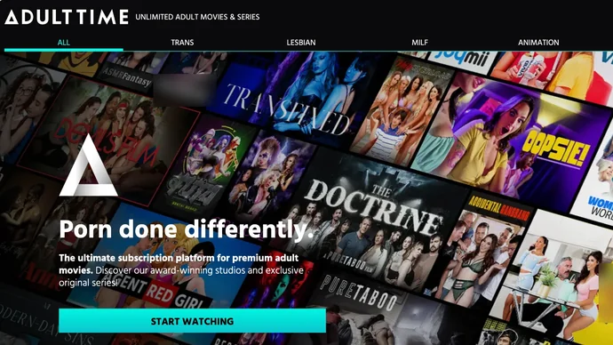 Adult Time front page in a full-HD window: a wall of series posters with a Start Watching button