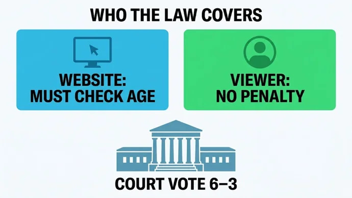 Infographic titled Who the law covers: a website card reading Must check age, a viewer card reading No penalty and a court building labeled Court vote 6–3