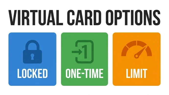 Infographic titled Virtual card options: three cards reading Locked, One-time and Limit