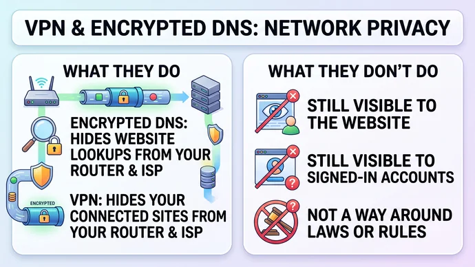 Infographic comparing encrypted DNS and a VPN, showing which one hides lookups and which one hides the sites you connect to