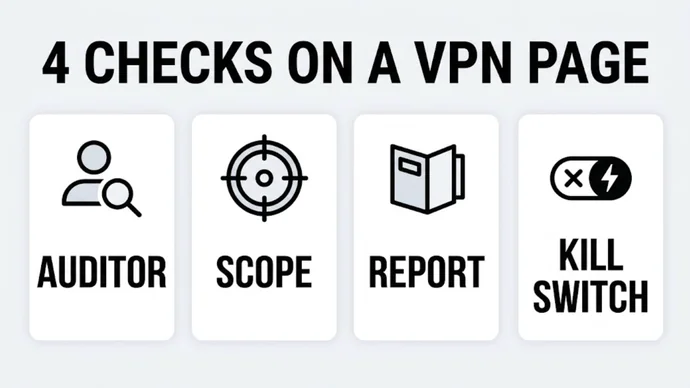 Infographic titled 4 checks on a VPN page: four cards reading Auditor, Scope, Report and Kill switch