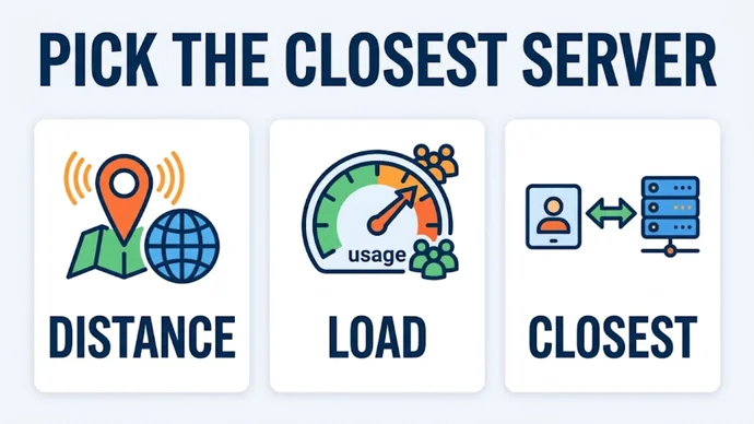 Infographic titled Pick the closest server: three cards reading Distance, Load and Closest, with a map pin and globe, a usage gauge and a device linked to a server