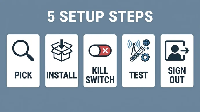 Infographic titled 5 setup steps: five cards reading Pick, Install, Kill switch, Test and Sign out
