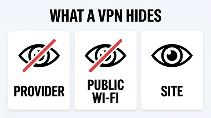 Infographic titled What a VPN hides: three cards: Provider and Public Wi-Fi with a crossed-out eye, and Site with an open eye