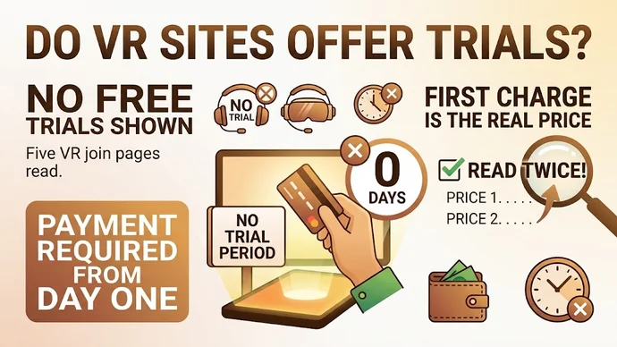 Infographic about VR join pages: no trial shown, payment required from day one, and the first charge is the real price to read twice