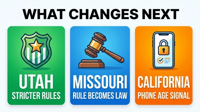 Infographic titled What changes next: three cards reading Utah stricter rules, Missouri rule becomes law and California phone age signal