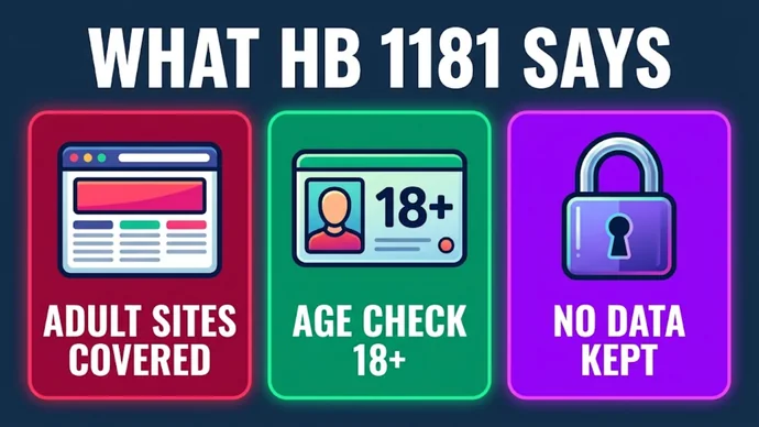 Infographic titled What HB 1181 says: three cards reading Adult sites covered, Age check 18+ and No data kept