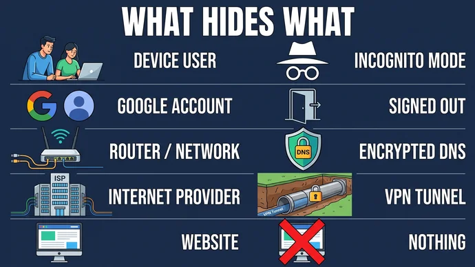 Infographic matching each watcher, from device users to the website itself, with the tool that hides your browsing from it