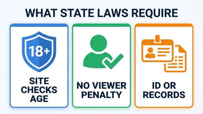 Infographic titled What state laws require: three cards reading Site checks age, No viewer penalty and ID or records