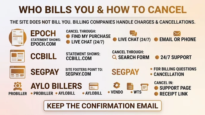 Infographic listing Epoch, CCBill, Segpay and Aylo billers, with the statement name and the way to cancel for each, ending with keep the confirmation email