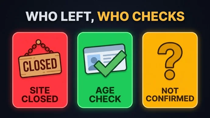 Infographic titled Who left, who checks: three cards reading Site closed, Age check and Not confirmed